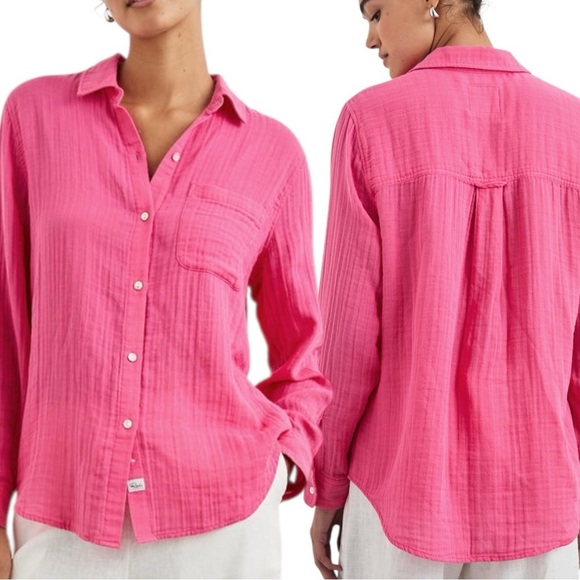 Rails Ellis Shirt XS Hibiscus Pink Button Down Top Gauze Cotton - Picture 1 of 15